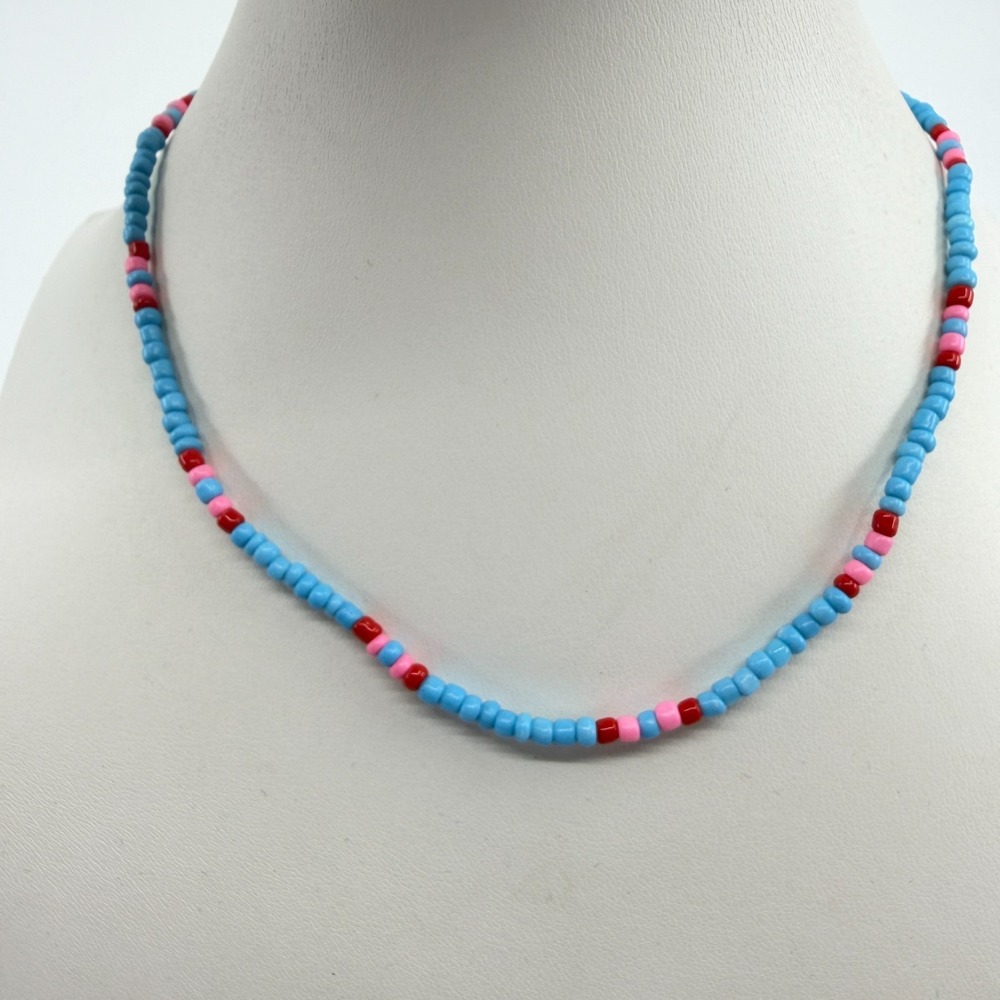 Pastel Blue Pink Red Beaded Necklace Y2K Boho Layering Festival Accessory 13in